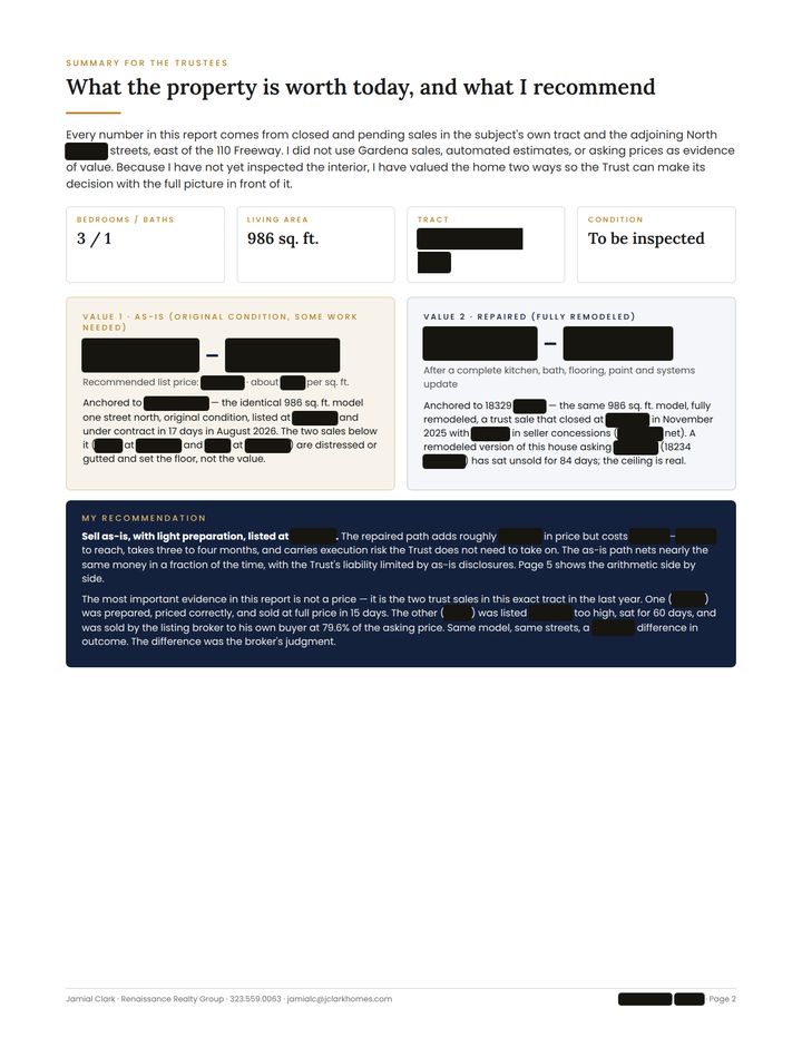 Sample review: what the property is worth and the recommendation